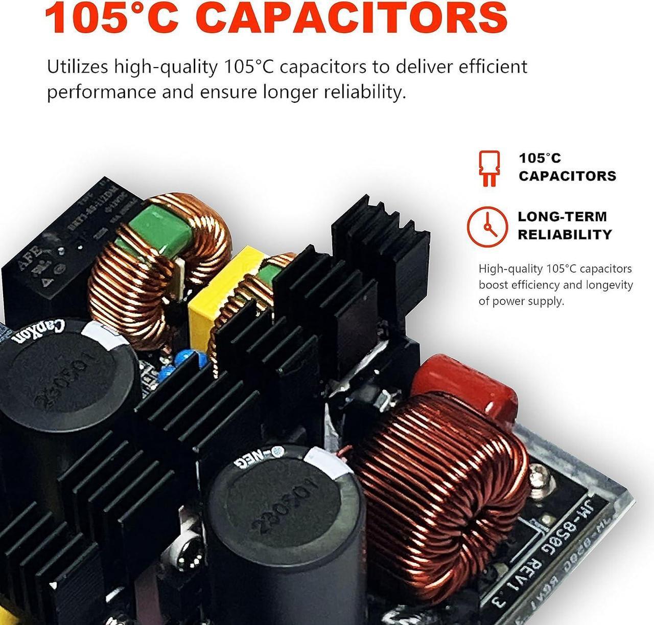 Alt view image 3 of 7 - 850 Watt Power Supply 80 Plus Gold - Silent 12cm RGB Fan, Full Modular, Active PFC, 105°C Capacitor - High-Performance 850W PSU for Gaming & ATX Case Computers, 5 Year Warranty
