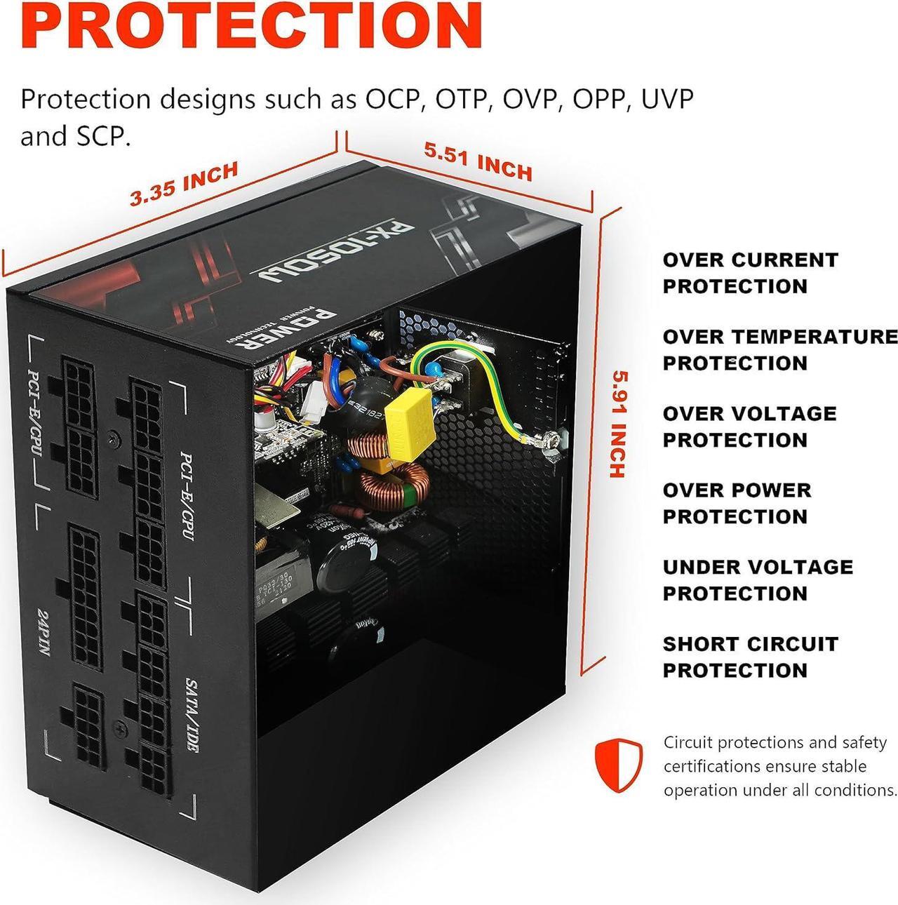 Alt view image 5 of 7 - 850 Watt Power Supply 80 Plus Gold - Silent 12cm RGB Fan, Full Modular, Active PFC, 105°C Capacitor - High-Performance 850W PSU for Gaming & ATX Case Computers, 5 Year Warranty