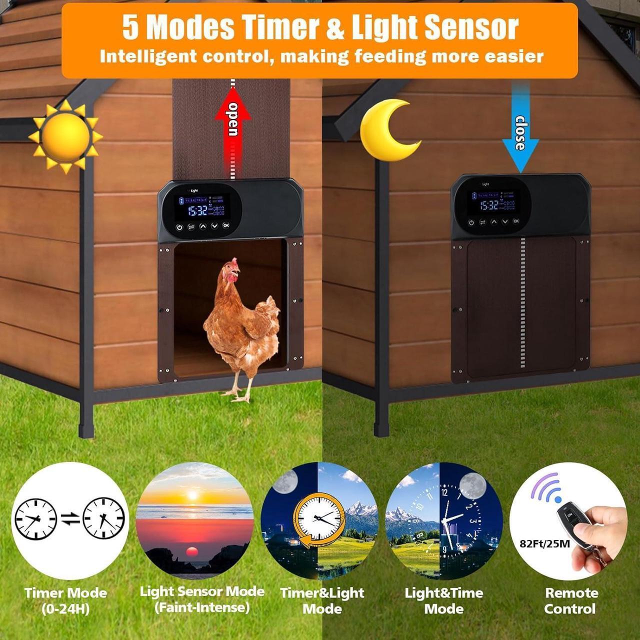 Alt view image 3 of 7 - Chicken Coop Door Solar Powered, LCD Screen Electric Auto Chicken Coop Door with Timer & Light Sensor, Aluminum 4000mAh Rechargeable Chicken Door Opener with Remote Control & 4 Modes