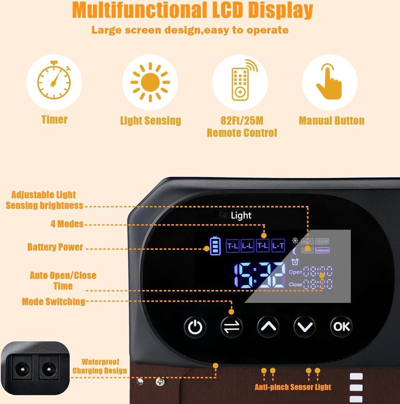 Alt view image 6 of 7 - Chicken Coop Door Solar Powered, LCD Screen Electric Auto Chicken Coop Door with Timer & Light Sensor, Aluminum 4000mAh Rechargeable Chicken Door Opener with Remote Control & 4 Modes