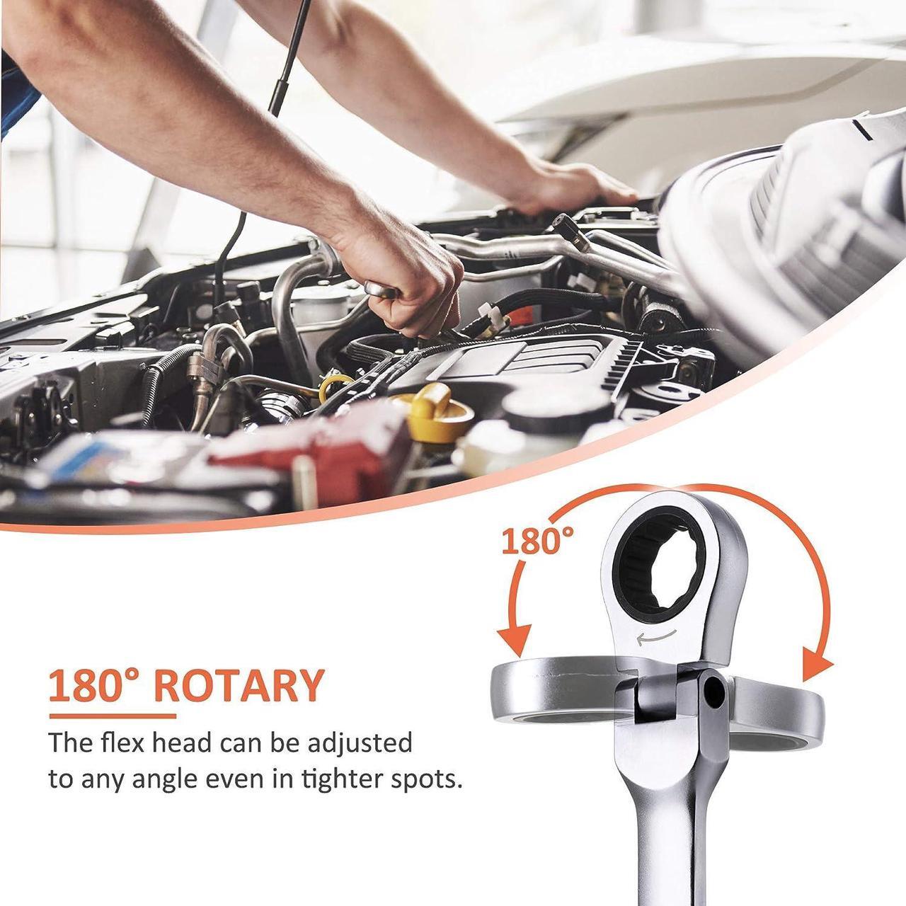 Alt view image 2 of 7 - Motor Tech 6-Piece Metric 8mm - 19mm Extra Long Gear Ratcheting Wrench Set XL Extended Handle with Flex Head, 8mm 9mm 10mm 11mm 12mm 13mm 14mm 15mm 16mm 17mm 18mm 19mm - 6pcs & 12 Sizes