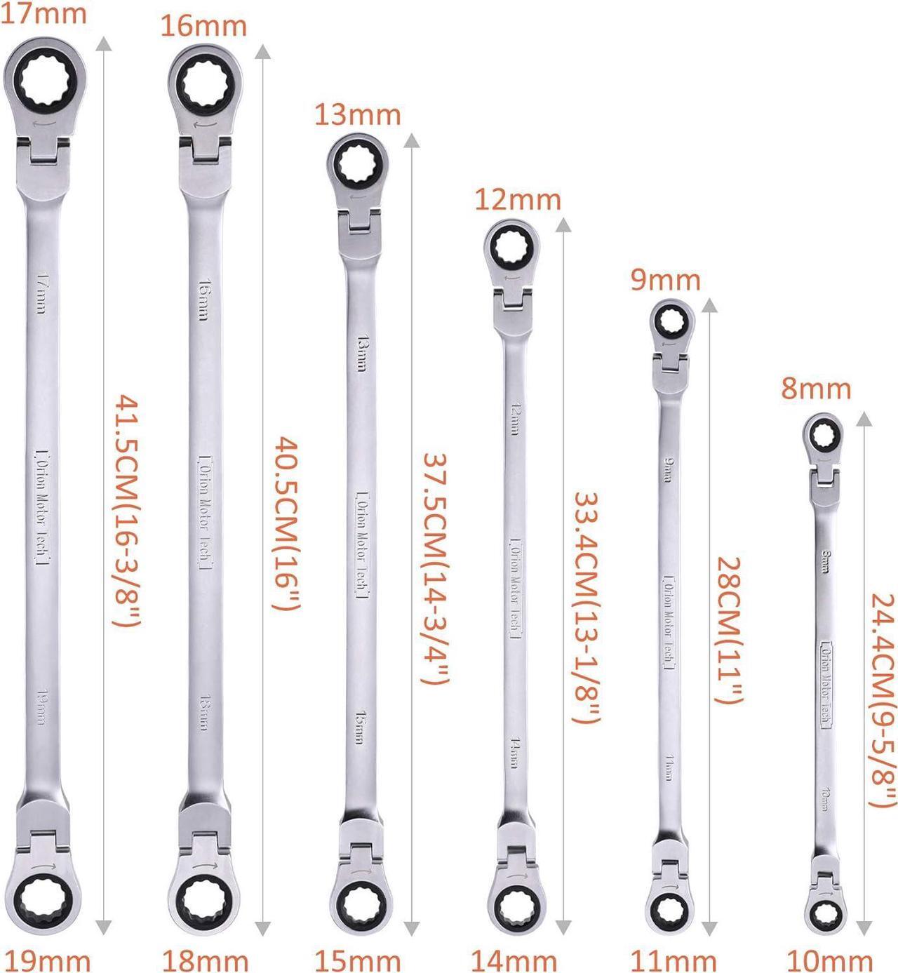 Alt view image 4 of 7 - Motor Tech 6-Piece Metric 8mm - 19mm Extra Long Gear Ratcheting Wrench Set XL Extended Handle with Flex Head, 8mm 9mm 10mm 11mm 12mm 13mm 14mm 15mm 16mm 17mm 18mm 19mm - 6pcs & 12 Sizes