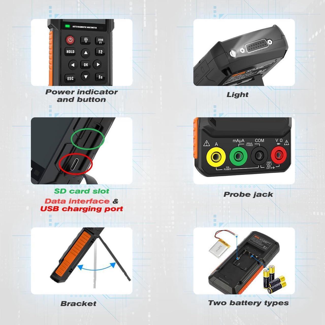 Alt view image 7 of 7 - Digital Multimeter Oscilloscope DC 1000V AC 700V DC AC Current Ohm Volt Amp Meter Voltmeter Automotive Multimeter Tester with Auto Ranging Multi Meter Rechargeable Voltage Tester Multimeter Kit