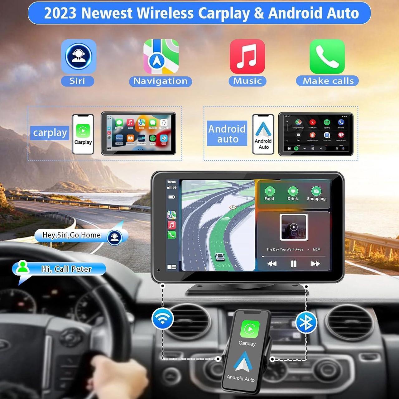 Alt view image 2 of 7 - Portable Newest Wireless  CarPlay and Android Auto Screen for Car, 7" HD Touch Screen Car Stereo with Mirror Link, Bluetooth 5.2, Backup Camera, AUX,FM Transmitter for All Vehicle