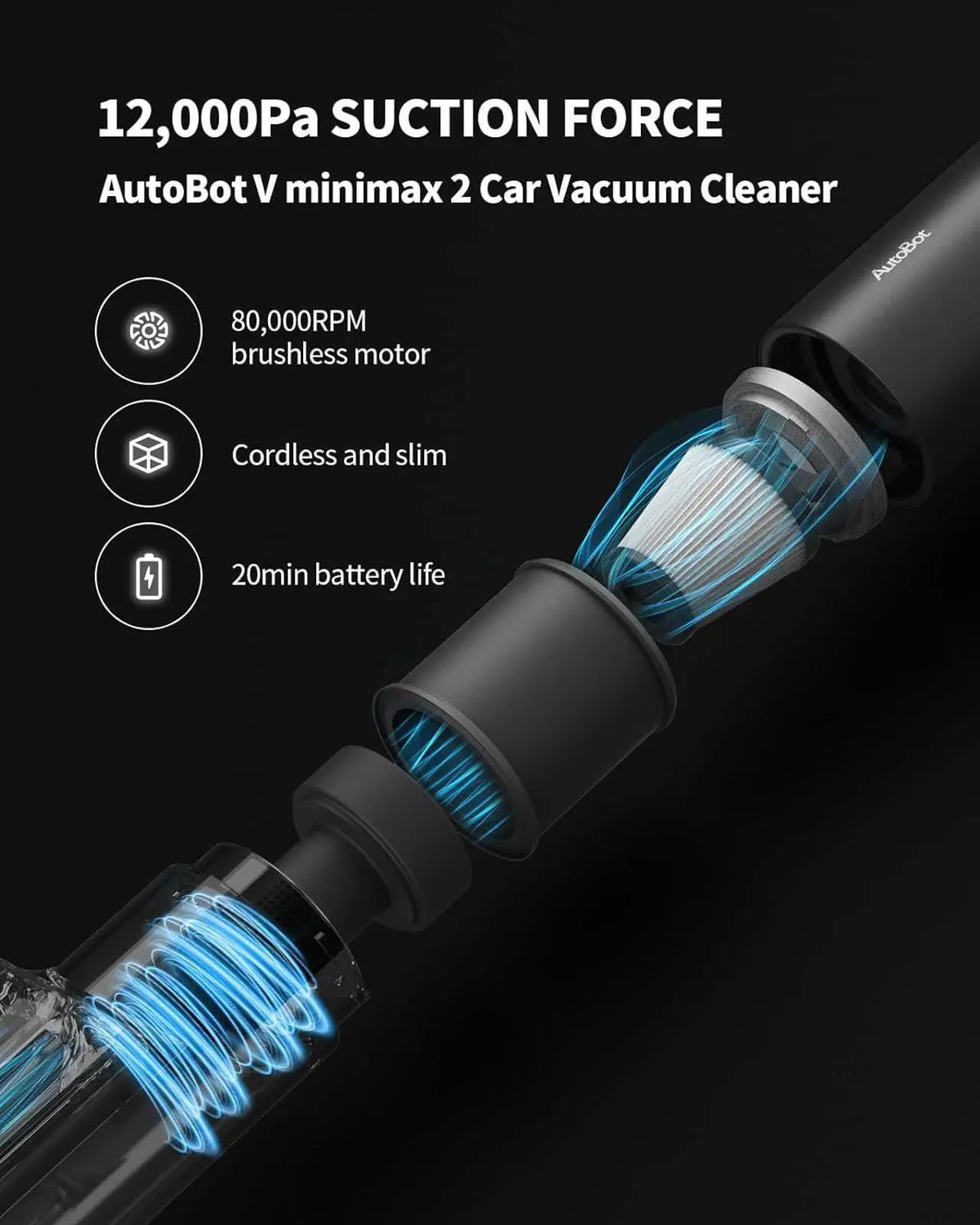 Alt view image 2 of 7 - Car Vacuum Cleaner High Power, 20000PA Handheld Vacuum for 50 Mins Runtime, Portable Vacuum for Car Home Cleaning, Rechargeable Mini Hand Held Vacuum