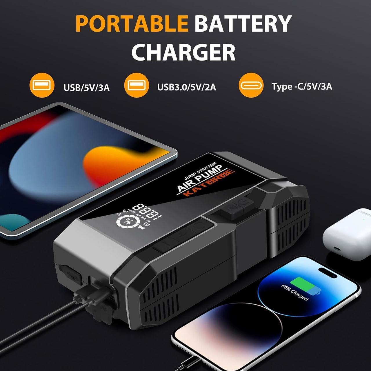 Alt view image 5 of 7 - Q17 Car Jump Starter with Air Compressor,4000A 160 PSI Portable Jump Starter Battery Pack (10.0L Gas/8.0L Diesel), with QC 3.0,Large Display, 3 Modes Flashlight and Jumper Cable Silver