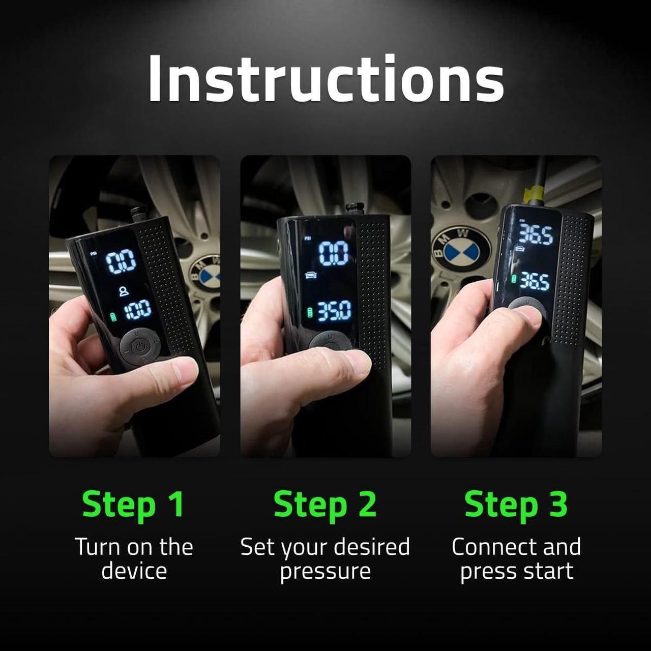 Alt view image 5 of 7 - Tire Inflator Portable Air Compressor - Air Pump for Car Tires with Tire Pressure Gauge (120 PSI) - One Click Smart Pump Tire Inflator for Car, Motorcycle, Bicycle and More  3-Pack