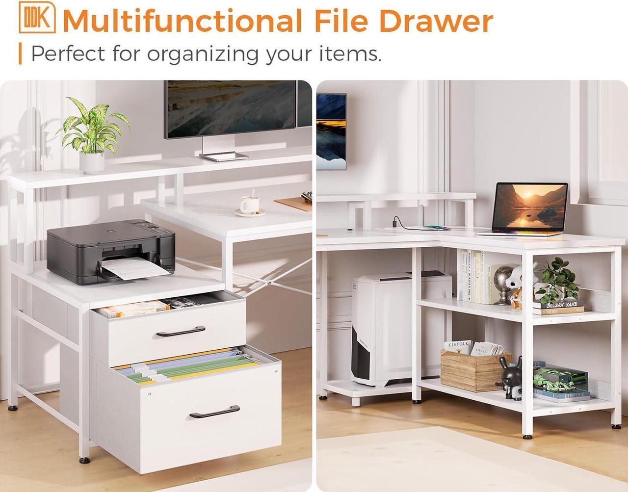 Alt view image 4 of 7 - L Shaped Desk with File Drawer, 75" Reversible L Shaped Computer Desk with Power Outlet & LED Strip, Office Desk with Storage Shelves, Gaming Desk with Monitor Shelf, Corner Desk, Black