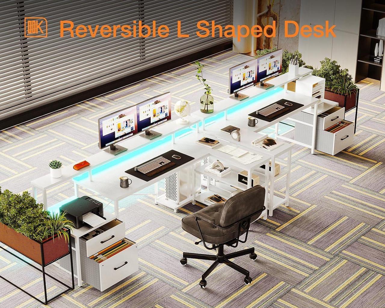 Alt view image 7 of 7 - L Shaped Desk with File Drawer, 75" Reversible L Shaped Computer Desk with Power Outlet & LED Strip, Office Desk with Storage Shelves, Gaming Desk with Monitor Shelf, Corner Desk, Black