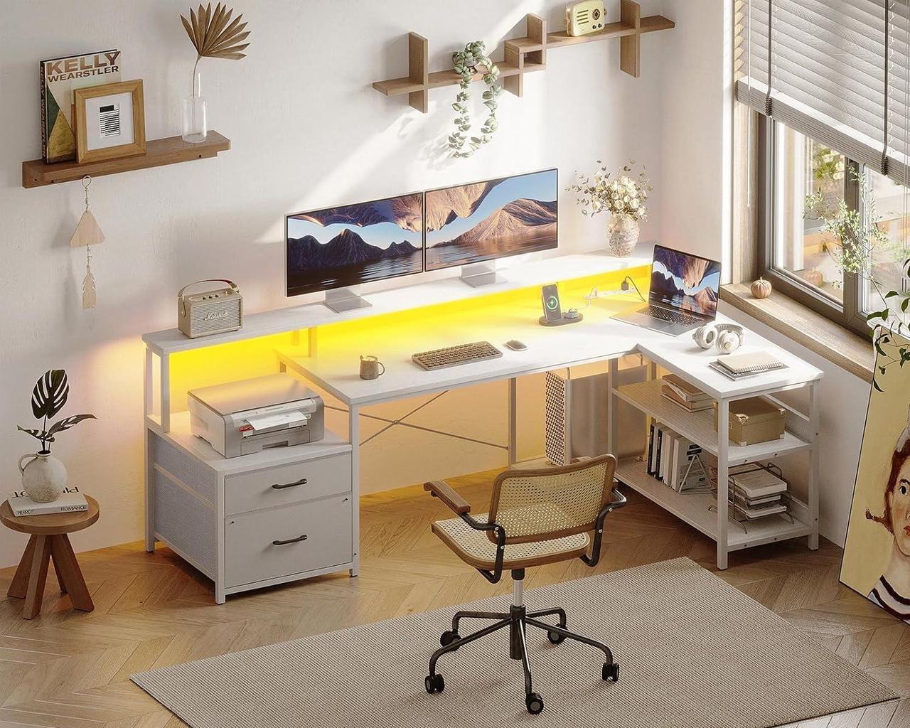 Alt view image 2 of 7 - L Shaped Desk with File Drawer, 75" Reversible L Shaped Computer Desk with Power Outlet & LED Strip, Office Desk with Storage Shelves, Gaming Desk with Monitor Shelf, Corner Desk, Black