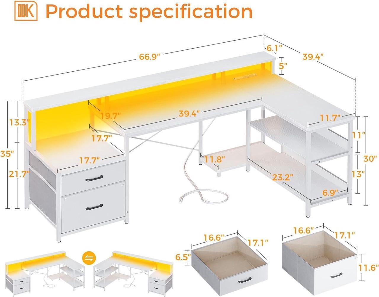 Alt view image 3 of 7 - L Shaped Desk with File Drawer, 75" Reversible L Shaped Computer Desk with Power Outlet & LED Strip, Office Desk with Storage Shelves, Gaming Desk with Monitor Shelf, Corner Desk, Black