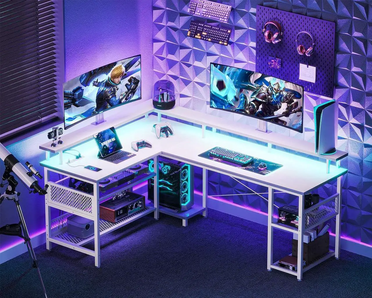 Alt view image 4 of 7 - L Shaped Gaming Desk with Power Outlet and LED Lights, PC Gaming Table with USB Ports, Reversible L Shape Desk with Storage Shelves & Monitor Stand, Home Office Desk, Black Carbon Fiber