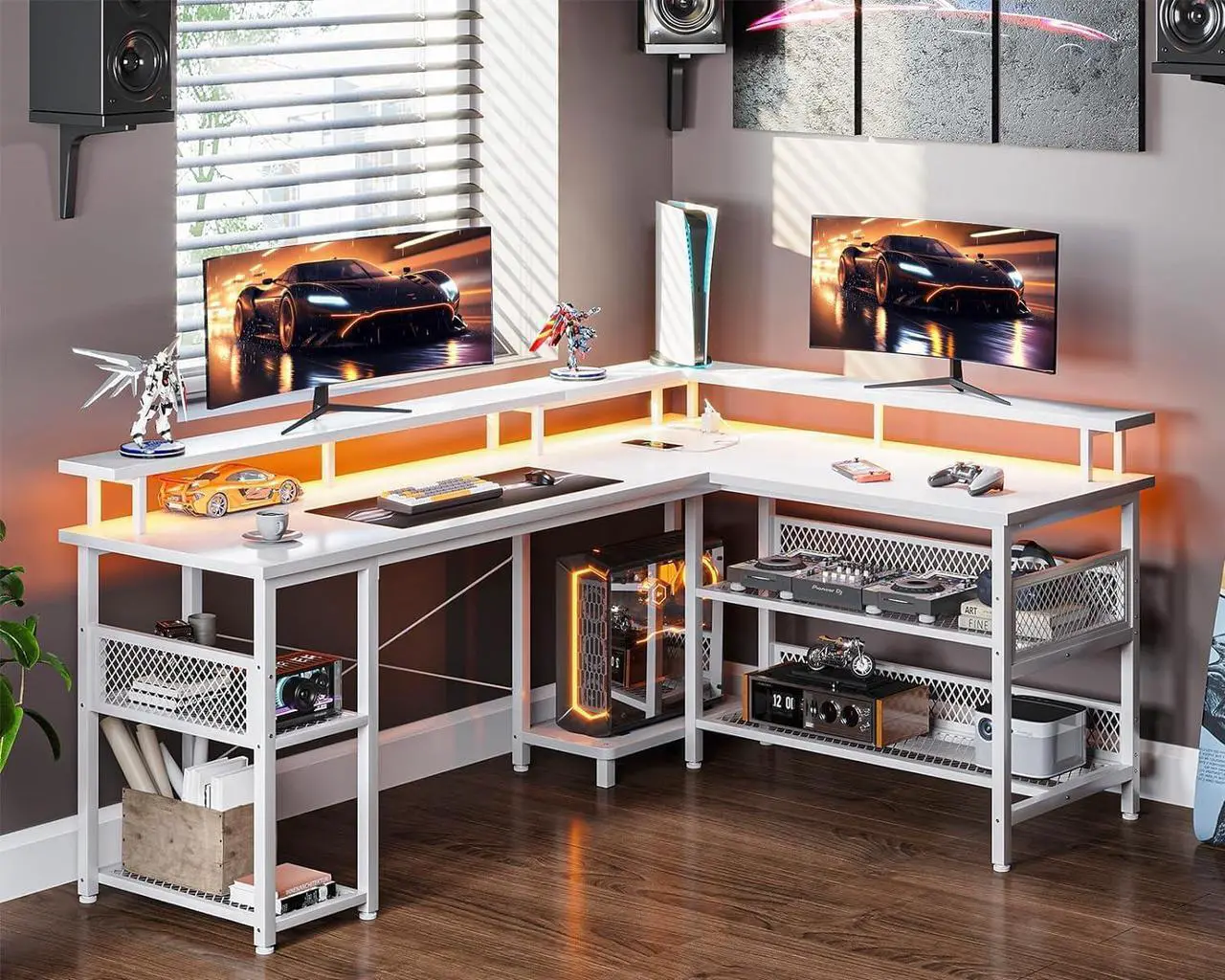 Alt view image 2 of 7 - L Shaped Gaming Desk with Power Outlet and LED Lights, PC Gaming Table with USB Ports, Reversible L Shape Desk with Storage Shelves & Monitor Stand, Home Office Desk, Black Carbon Fiber