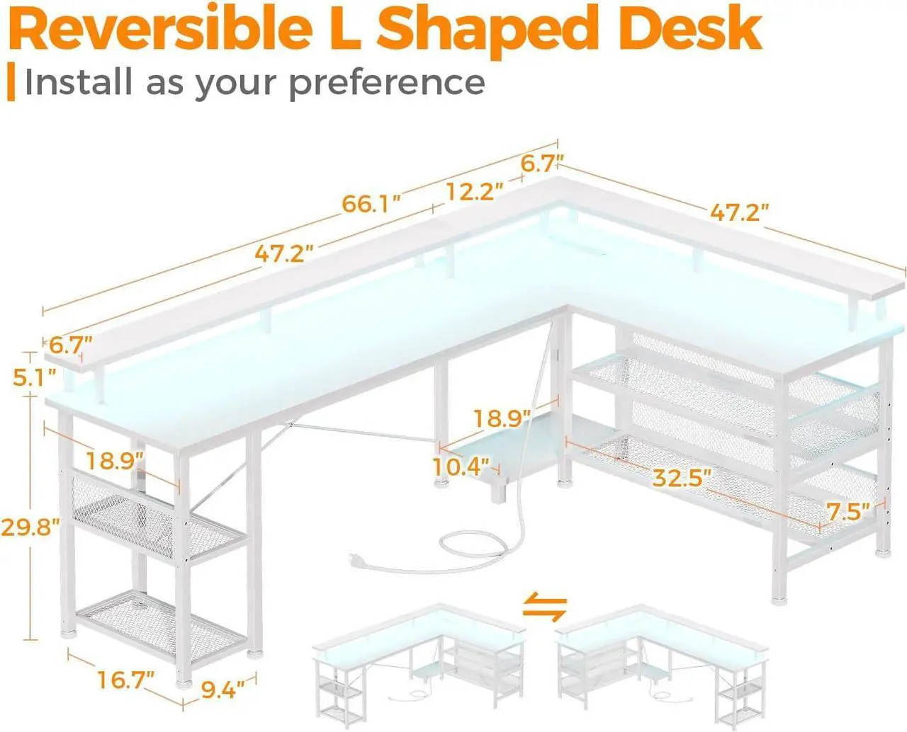 Alt view image 3 of 7 - L Shaped Gaming Desk with Power Outlet and LED Lights, PC Gaming Table with USB Ports, Reversible L Shape Desk with Storage Shelves & Monitor Stand, Home Office Desk, Black Carbon Fiber
