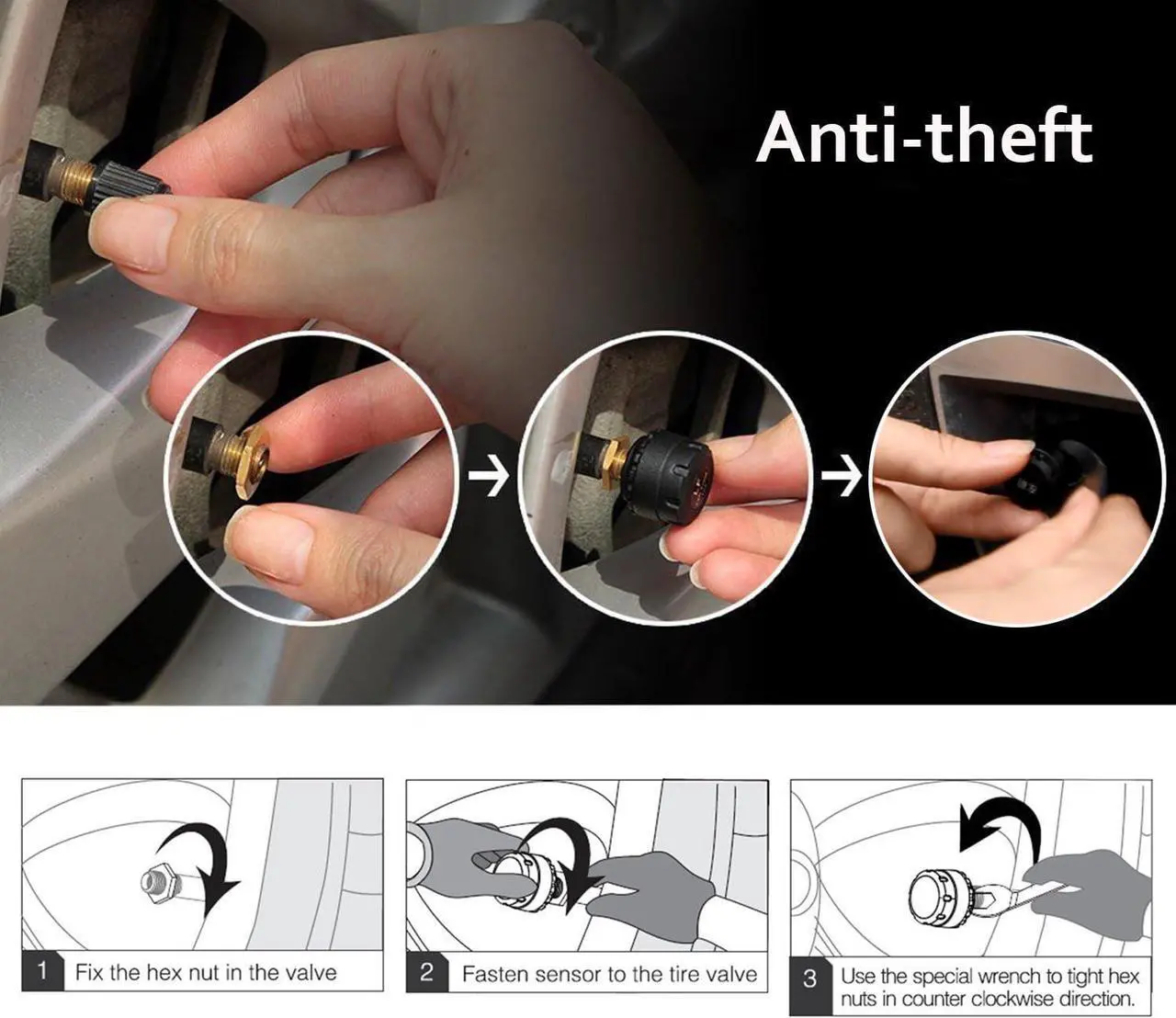 Alt view image 6 of 7 - Wireless Tire Pressure Monitoring System (TPMS) for Small Size 4-tire Vehicles, Including 4 External Cap sensors (0-87PSI)