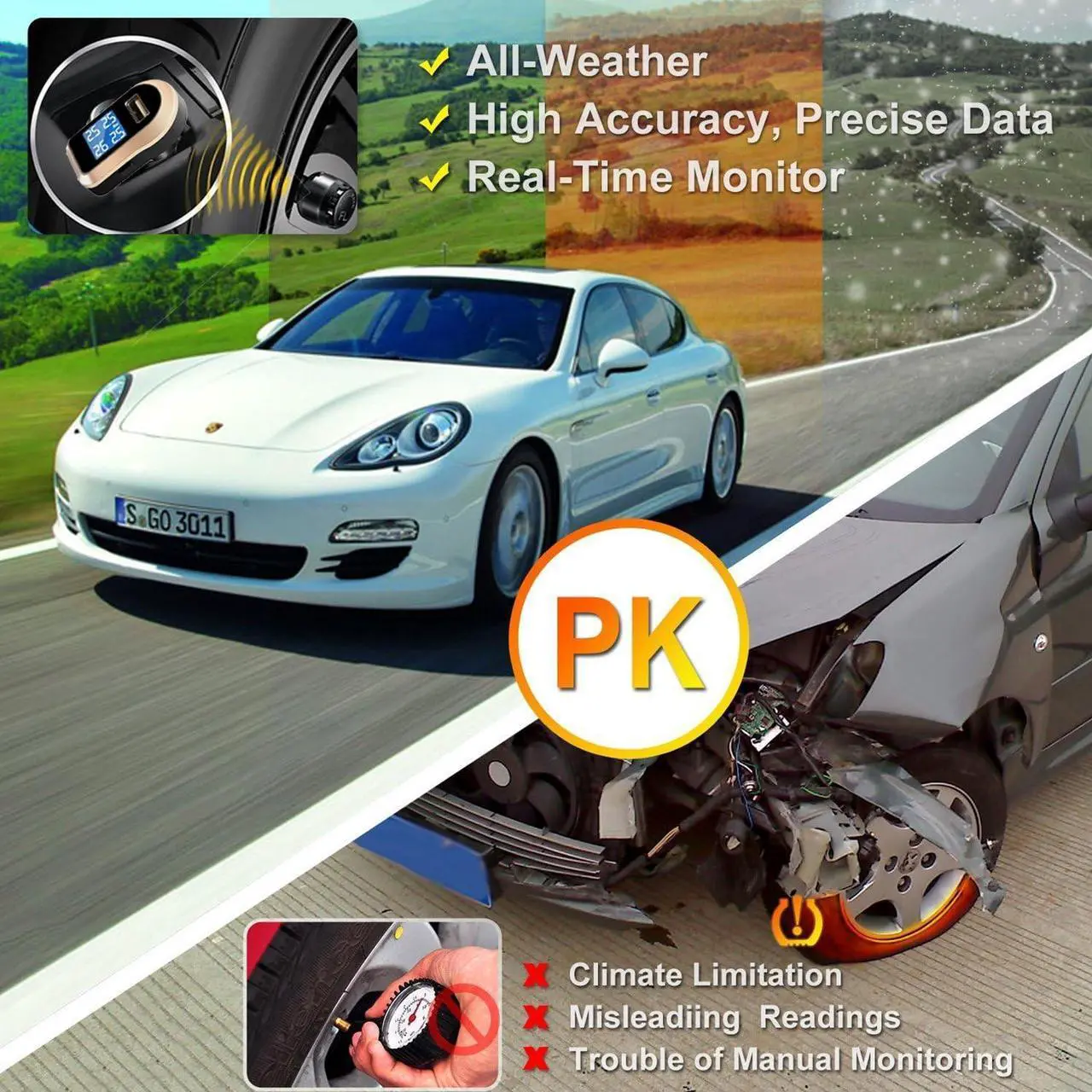 Alt view image 7 of 7 - Wireless Tire Pressure Monitoring System (TPMS) for Small Size 4-tire Vehicles, Including 4 External Cap sensors (0-87PSI)