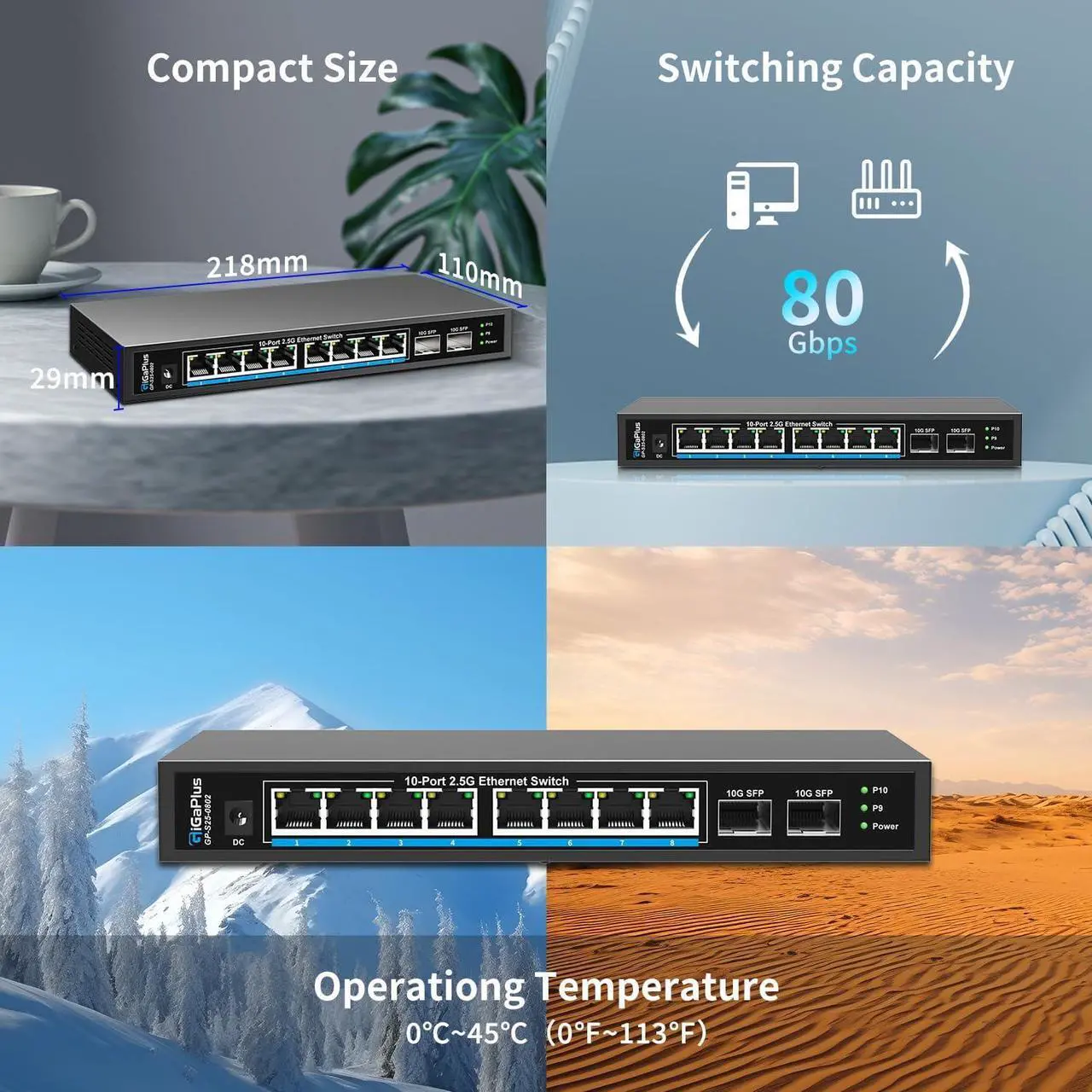 Alt view image 6 of 6 - 10 Port 2.5Gb Unmanaged Ethernet Switch with 8* 2.5G Base-T Ports, 2* 10G SFP+ Ports. GiGaPlus 2.5Gbps Network Switch for 2.5Gbps NAS/PC, WiFi6 Router, Wireless AP. Fanless Design, Plug and Play