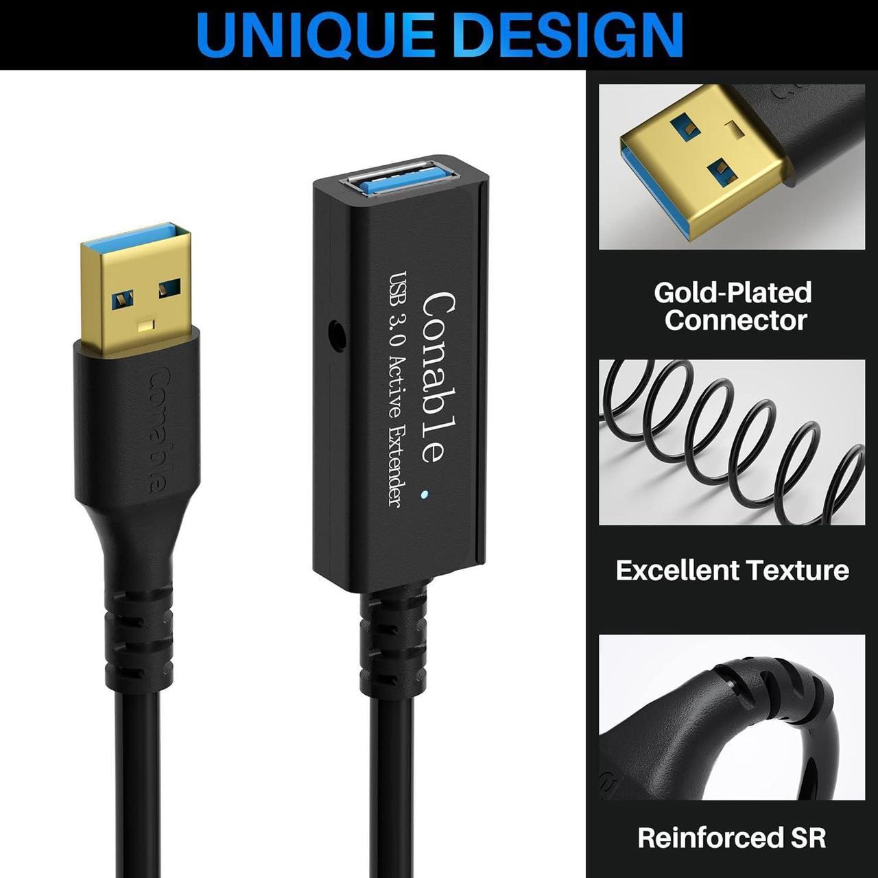 Alt view image 2 of 7 - USB 3.0 Active Extension Cable 100 Feet, Long USB Type-A Male to Female Extender Cord, Built-in 3 Signal Booster Smart Chips, 5Gbps, Black USB Extension Cable with an AC Power Adapter (5V 2A)