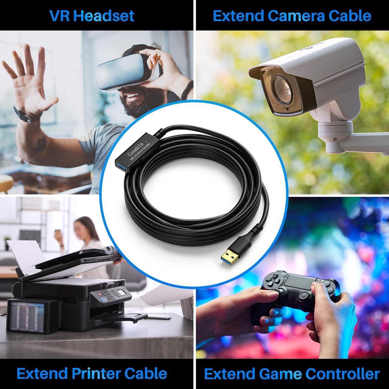 Alt view image 5 of 7 - USB 3.0 Active Extension Cable 100 Feet, Long USB Type-A Male to Female Extender Cord, Built-in 3 Signal Booster Smart Chips, 5Gbps, Black USB Extension Cable with an AC Power Adapter (5V 2A)