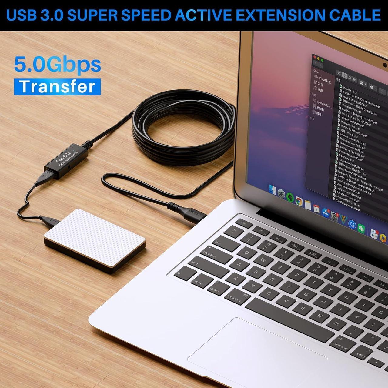 Alt view image 6 of 7 - USB 3.0 Active Extension Cable 100 Feet, Long USB Type-A Male to Female Extender Cord, Built-in 3 Signal Booster Smart Chips, 5Gbps, Black USB Extension Cable with an AC Power Adapter (5V 2A)