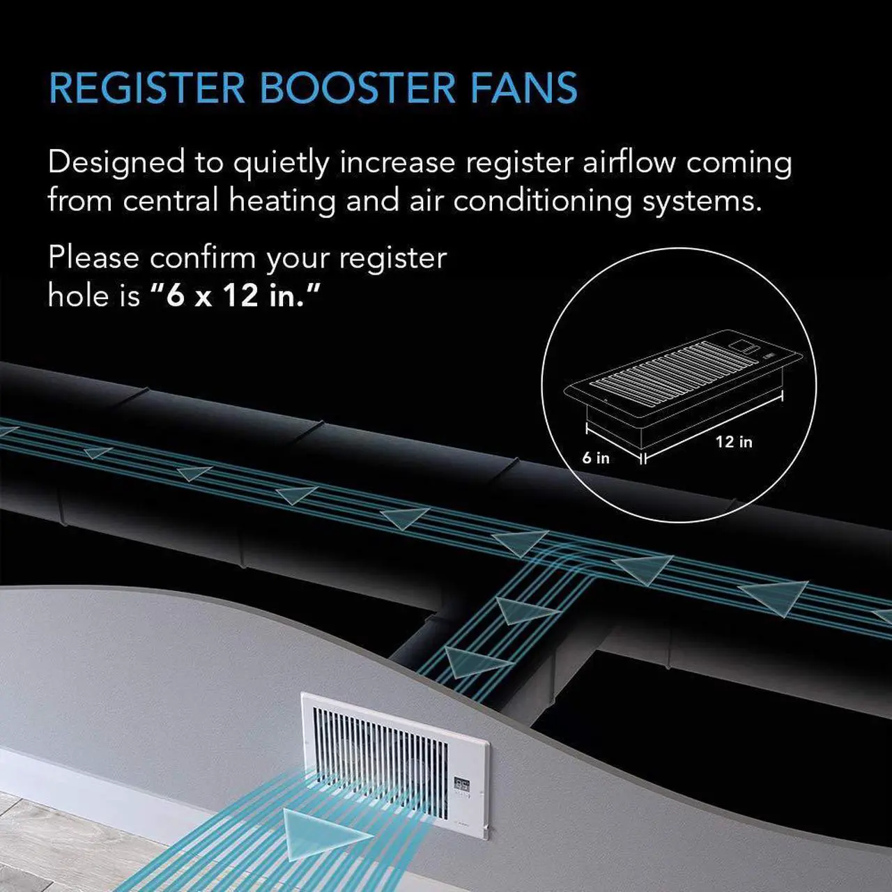 Alt view image 2 of 7 - AIRTAP T6, Quiet Register Booster Fan with Thermostat 10-Speed Control, Heating Cooling AC Vent, Fits 6 x 10 Register Holes, White