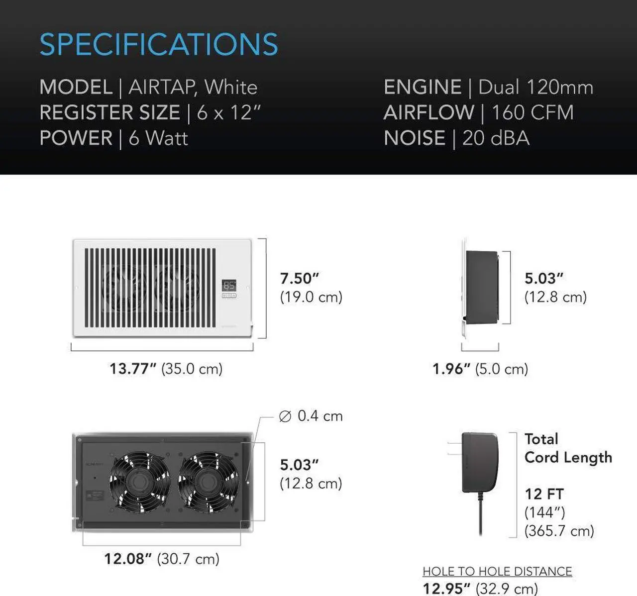 Alt view image 6 of 7 - AIRTAP T6, Quiet Register Booster Fan with Thermostat 10-Speed Control, Heating Cooling AC Vent, Fits 6 x 10 Register Holes, White