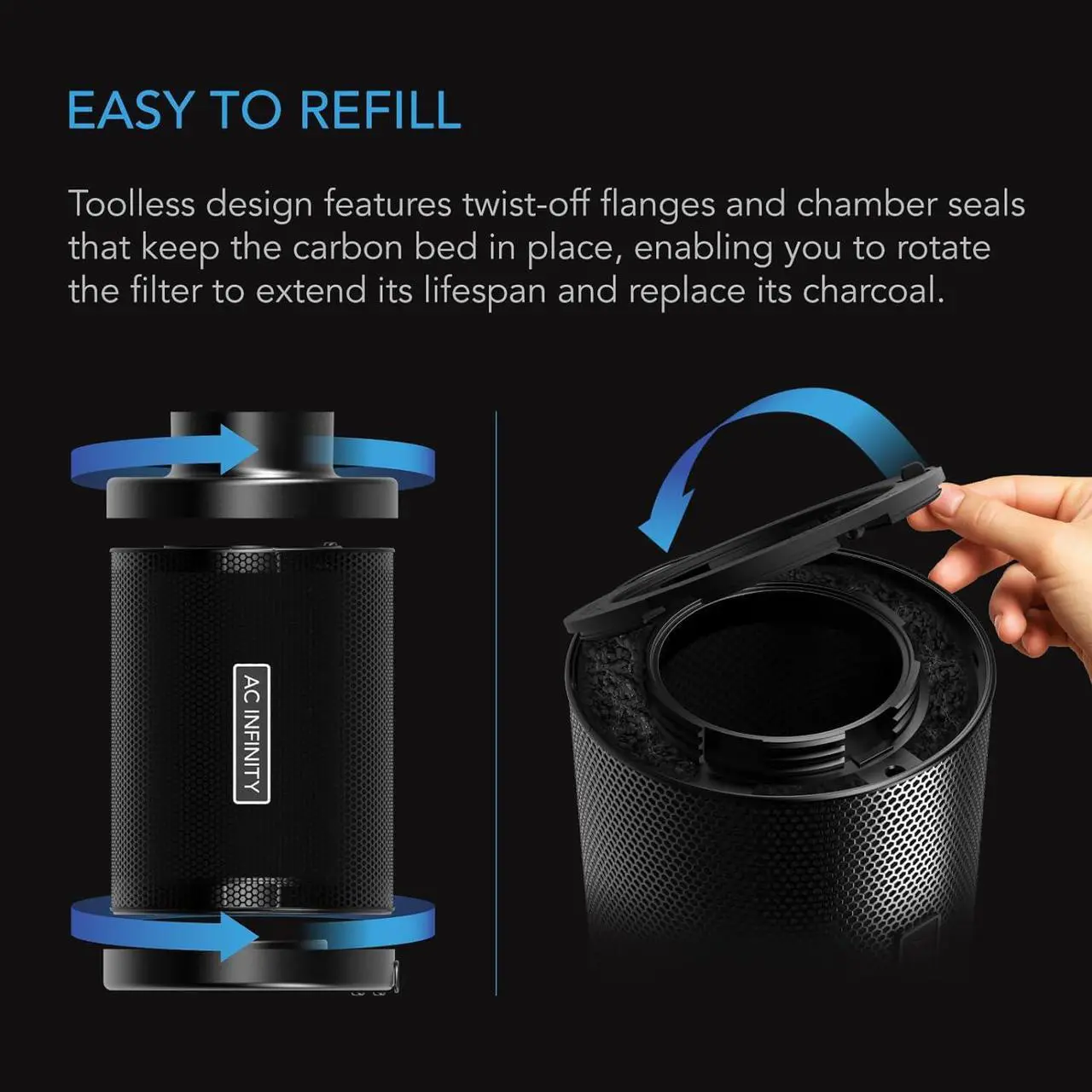 Alt view image 5 of 7 - Refillable Carbon Filter Kit 4 with Additional Refill, Odor Removal Air Scrubber For 4" Inline Fan and Ducting, Reusable Charcoal Filter for Grow Tent Grow Room Hydroponics