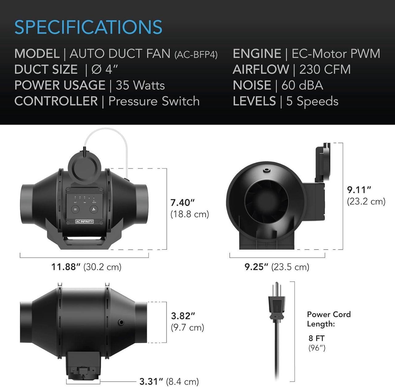 Alt view image 6 of 7 - Automatic Duct Fan 4", Inline Fan with Differential Fan Pressure Switch, Air Vent Booster Fan for Industrial HVAC Ducting Ventilation Exhaust Systems