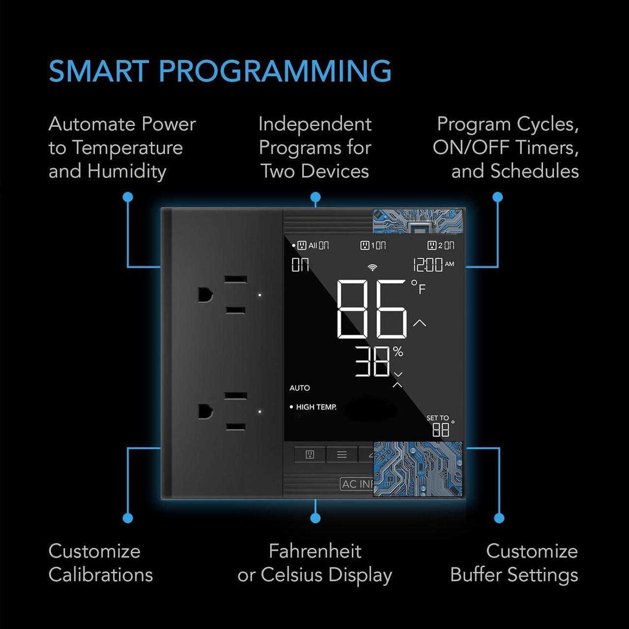Alt view image 2 of 7 - Controller 75, Smart Outlet Controller, with Temperature, Humidity, Timer, Cycle, Schedule Controls, Desktop Digital Thermostat for Heat Mat, Seedling Germination, and Propagation