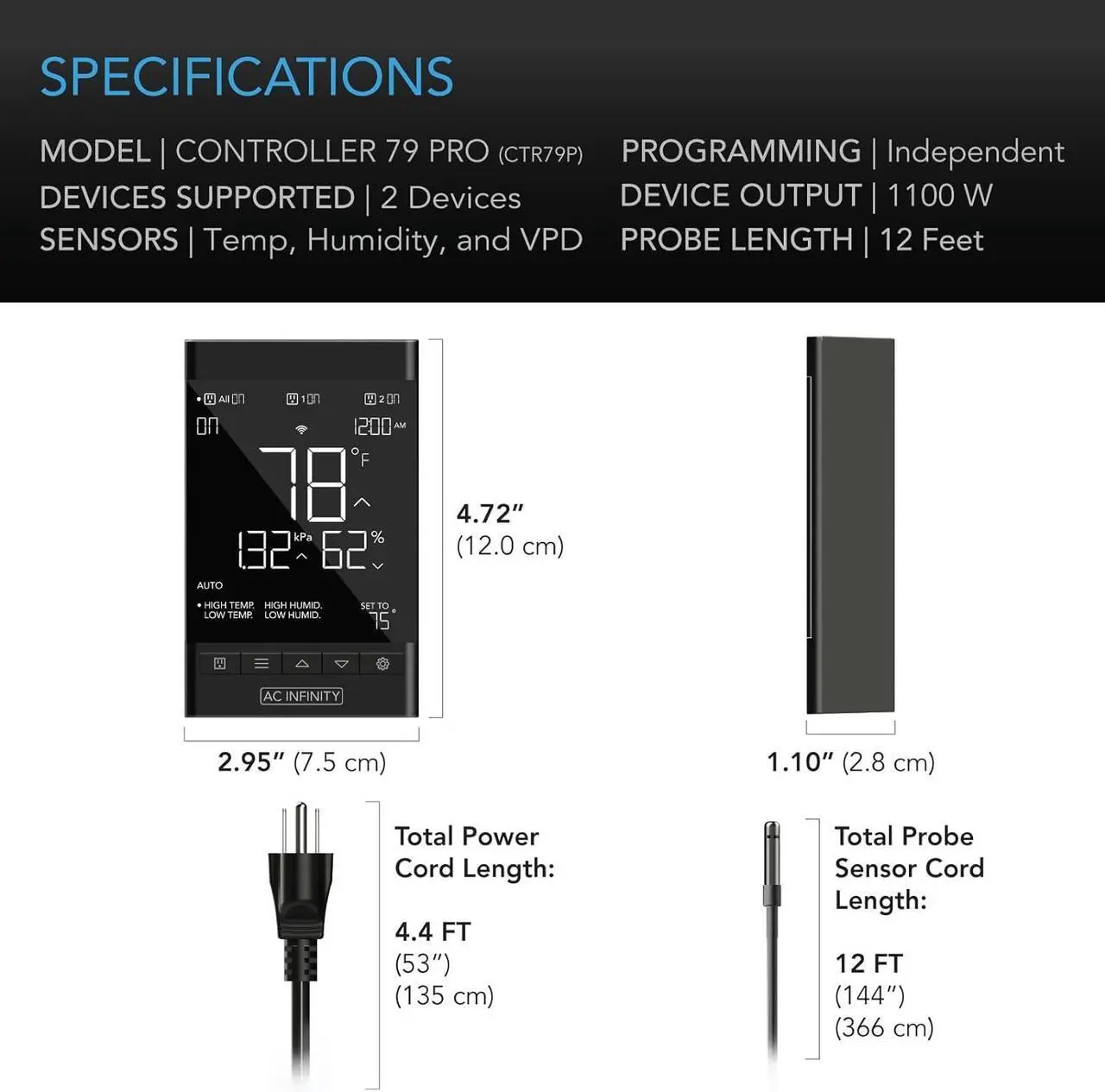 Alt view image 6 of 7 - CONTROLLER 79 PRO, WiFi Outlet Controller, Independent Programs for Two Devices, Wall Hang Digital Thermostat with Temperature, Humidity, VPD, & Timer Controls, For Seed Starting Heat Mats