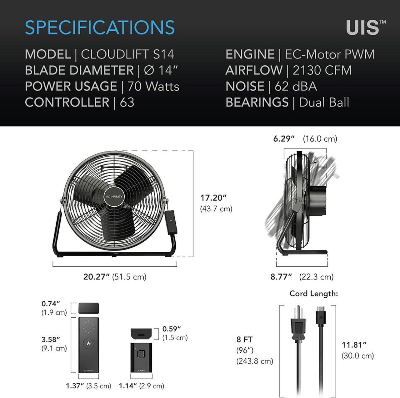 Alt view image 7 of 7 - CLOUDLIFT S14, Industrial Wall Fan 14 with Wireless 10-Speed Controller, EC-Motor High-Velocity Shop Fan Floor Stand or Wall Mount, for Hydroponics, Greenhouses, Workshop Circulation