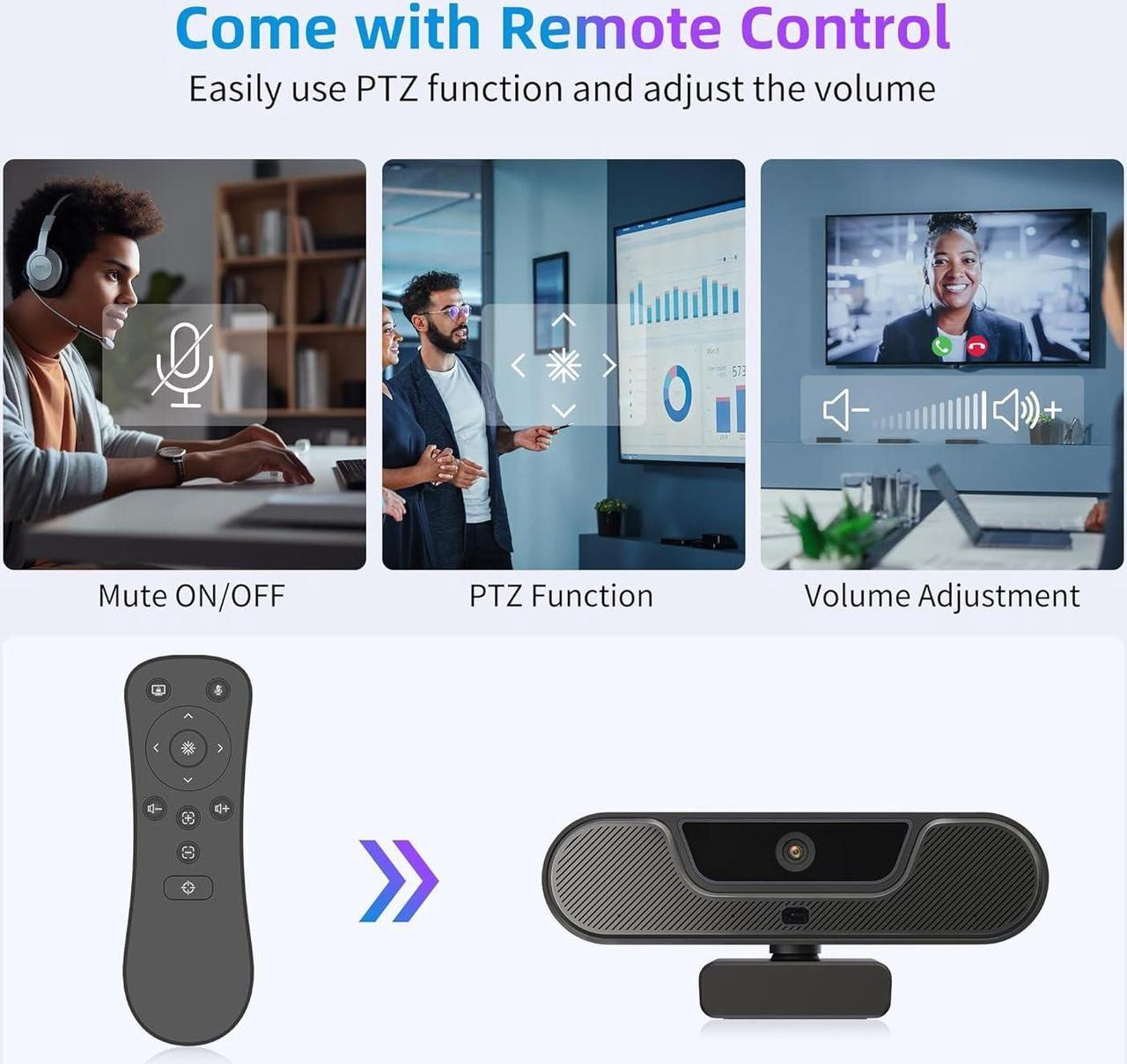 Alt view image 6 of 7 - 4K Webcam, UHD PTZ PC Camera with Speaker and 4 Microphones, Supporting Remote Control, Digital Zoom, Autofocus, Privacy Cover and Tripod, for Video Calls and Conferences and Live Streaming