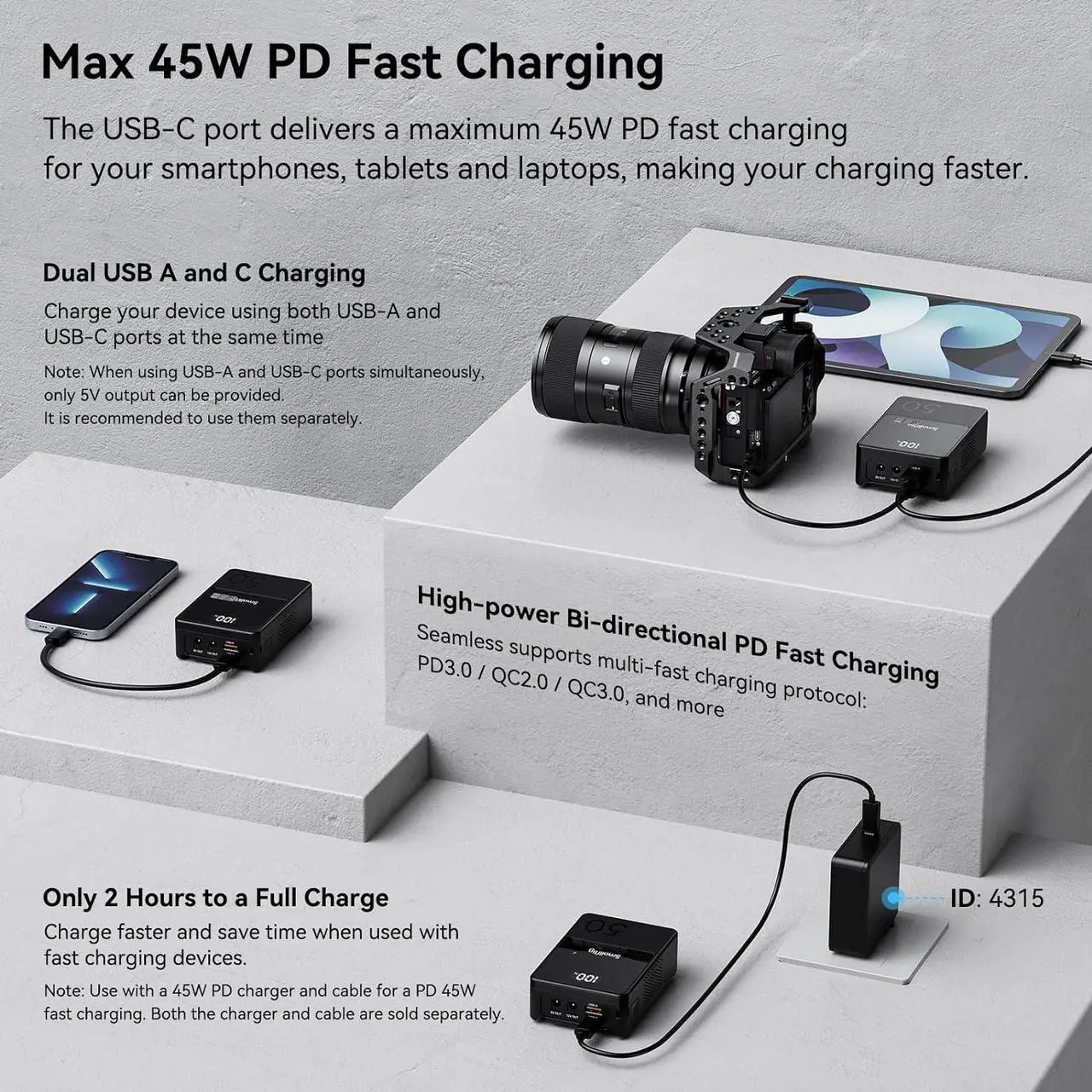 Alt view image 3 of 7 - V Mount Battery VB50, 50Wh / 3400mAh mini V-Mount Battery with PD 45W USB-C Fast Charging, with D-TAP, USB-A, Dual DC Ports, OLED Screen, for DSLR Cameras, Camcorders, Monitors, Phones - 3579