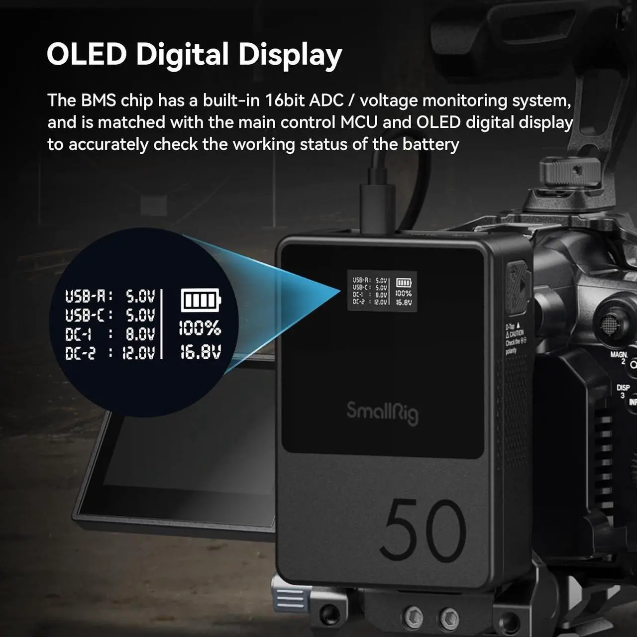 Alt view image 6 of 7 - V Mount Battery VB50, 50Wh / 3400mAh mini V-Mount Battery with PD 45W USB-C Fast Charging, with D-TAP, USB-A, Dual DC Ports, OLED Screen, for DSLR Cameras, Camcorders, Monitors, Phones - 3579