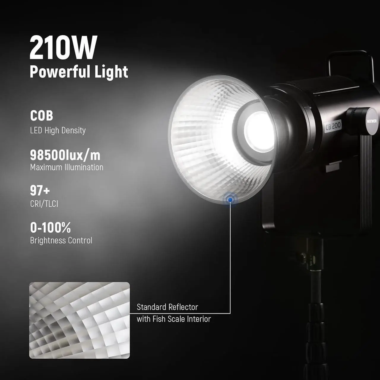 Alt view image 2 of 7 - CB200 210W LED Video Light with 2.4G/APP Control, 5600K Daylight COB Continuous Output Lighting for Photography with 98500lux/m, CRI97+/TLCI97+, 9 Scenes, PWM Dimming, Bowens Mount