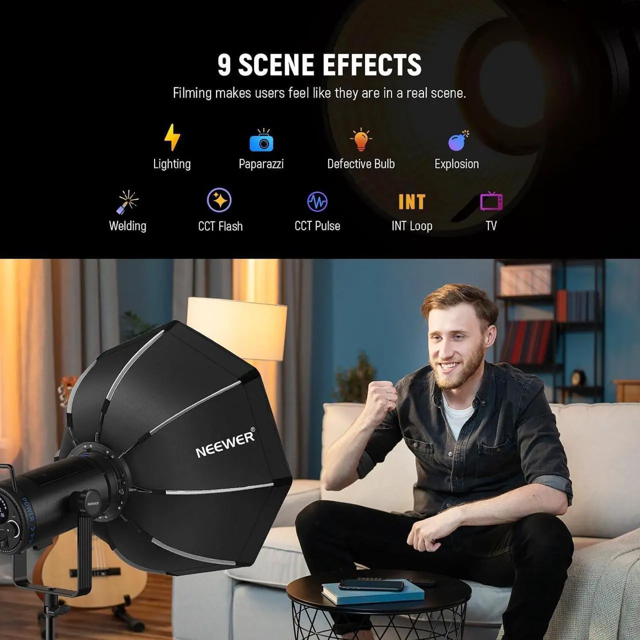 Alt view image 6 of 7 - CB200 210W LED Video Light with 2.4G/APP Control, 5600K Daylight COB Continuous Output Lighting for Photography with 98500lux/m, CRI97+/TLCI97+, 9 Scenes, PWM Dimming, Bowens Mount