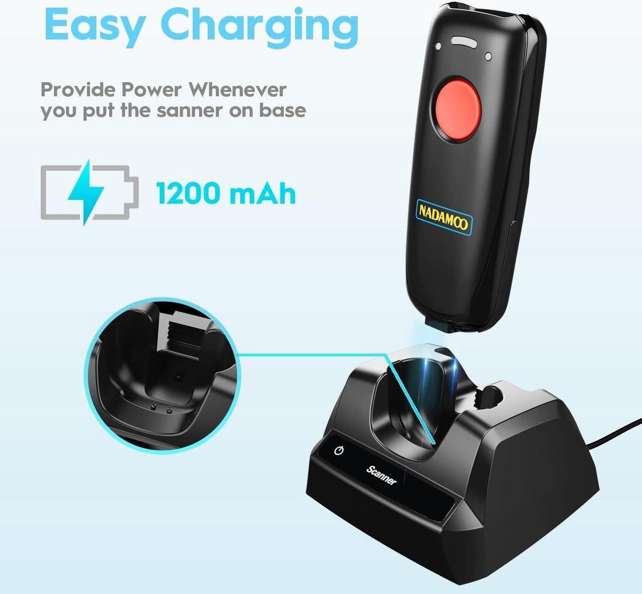Alt view image 5 of 6 - NADAMOO 2D Wireless Barcode Scanner Compatible with Bluetooth, Portable USB 1D 2D QR Code Scanner, Bar Code Image Reader for Tablet iPhone iPad Android iOS PC POS, with Charging Dock - Blue