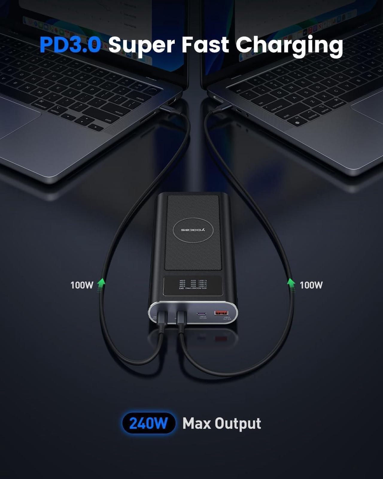 Alt view image 2 of 7 - PD 240W Power Bank-25000mAh Portable Charger with High-Speed Charging -Smart Digital Display 4 Ports USB C/USB A/Wireless Battery Pack for iPhone,Pad,Mac Air/pro,h P,,Lenovo,Switch.