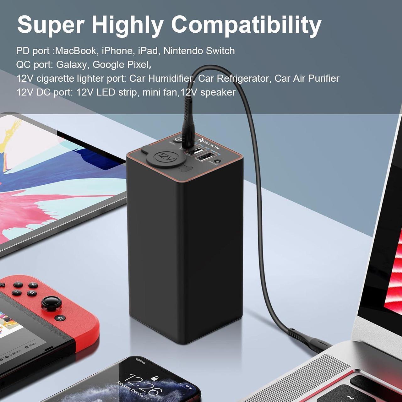 Alt view image 2 of 7 - 30W PD Portable Charger with 12V/10A Cigarette Lighter Socket, 86.58Wh USB C Laptop Power Bank, 18W QC& 12V DC External Battery Pack, Perfect for MacBook Air iPad Phone Dash Cam or Camping