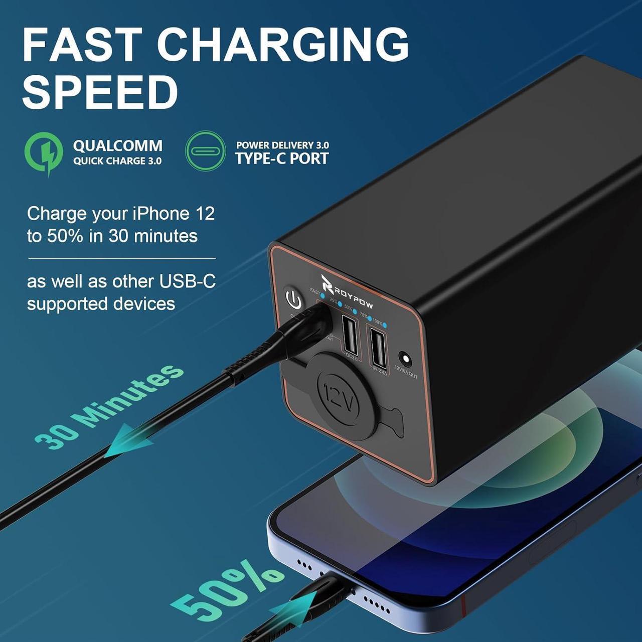 Alt view image 3 of 7 - 30W PD Portable Charger with 12V/10A Cigarette Lighter Socket, 86.58Wh USB C Laptop Power Bank, 18W QC& 12V DC External Battery Pack, Perfect for MacBook Air iPad Phone Dash Cam or Camping