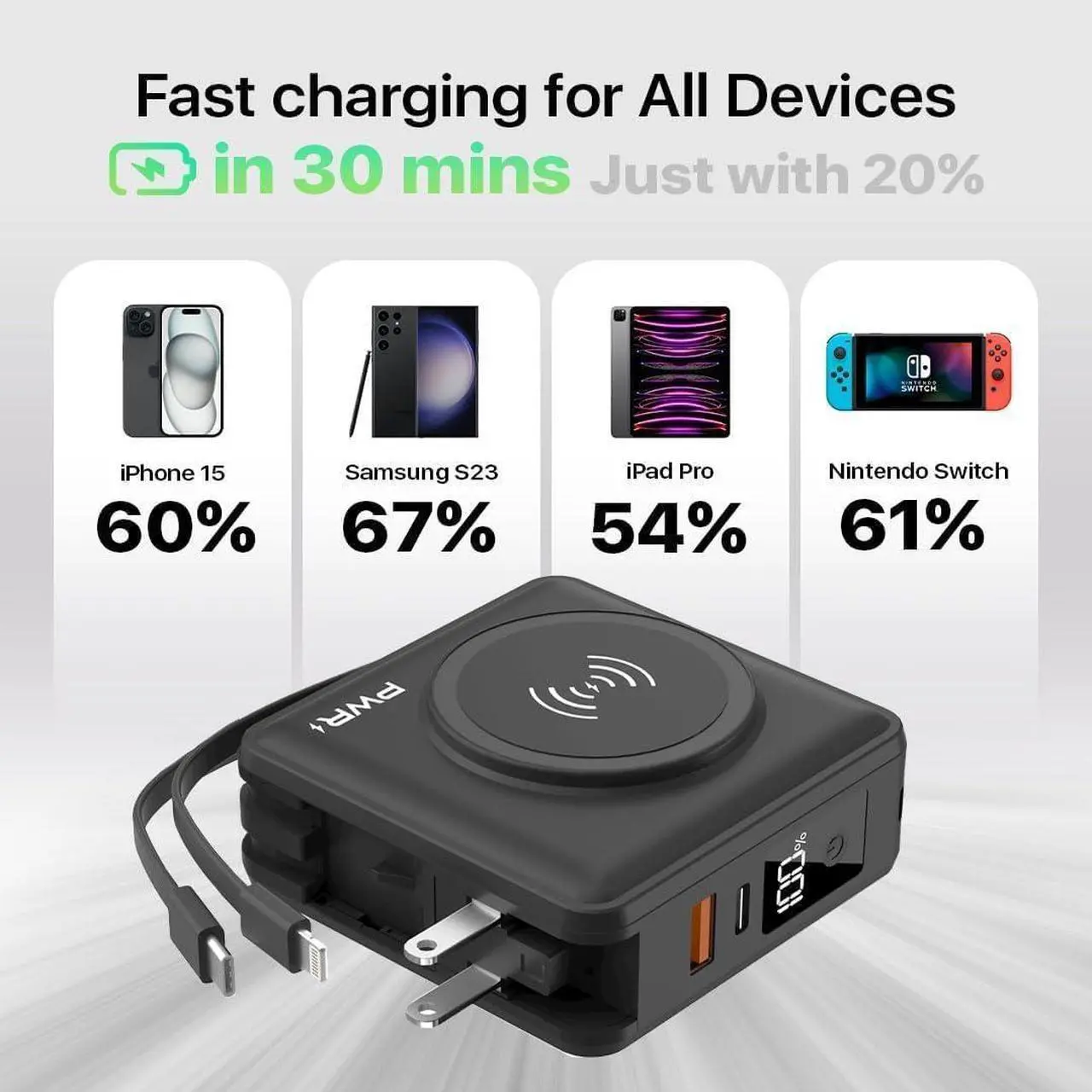 Alt view image 4 of 6 - Travel PRO 5-in-1 Power Bank  5-in-1 PD 20W USB C Power Bank  15W Fast Charging Wireless Portable Charger  Travel Power Bank with 10,000mAh Battery  Compatible with Lightning, USB-C (White)