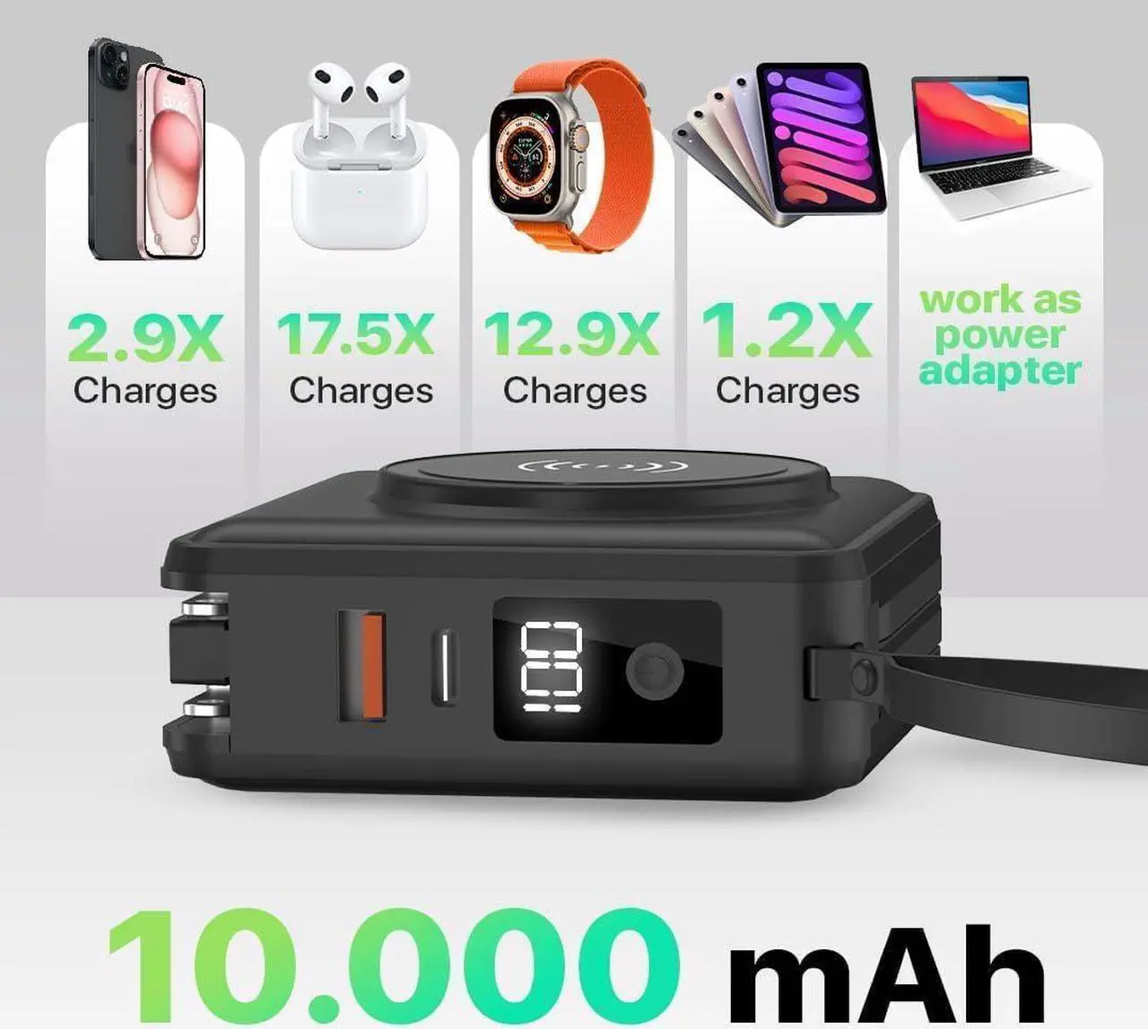 Alt view image 5 of 6 - Travel PRO 5-in-1 Power Bank  5-in-1 PD 20W USB C Power Bank  15W Fast Charging Wireless Portable Charger  Travel Power Bank with 10,000mAh Battery  Compatible with Lightning, USB-C (White)