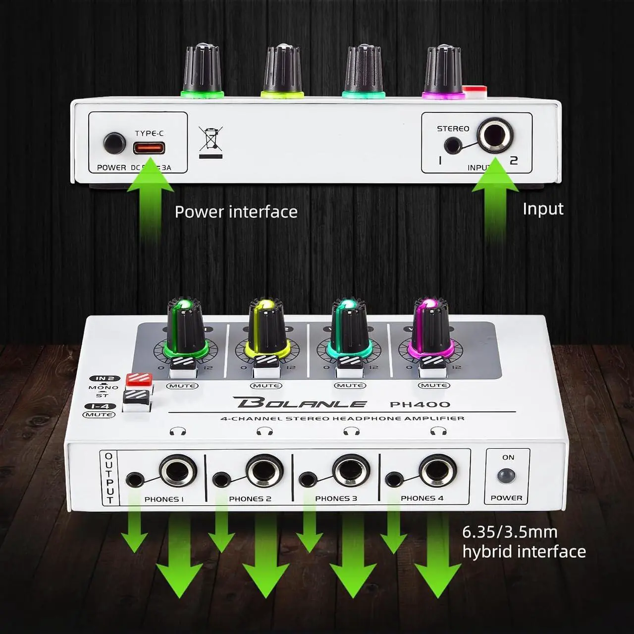 Alt view image 2 of 7 - PH400 4-Channel Headphone Amplifier 3.5mm&6.35mm Jacks, Headphone Splitter with 8 Headphone Output Port, Compact Headphone Amp with Mono and Stereo Switch, 7 Color Breathing Light.