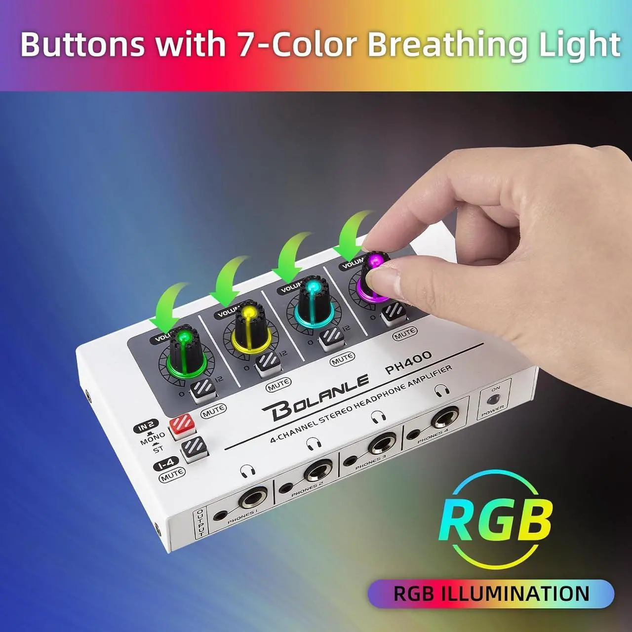 Alt view image 5 of 7 - PH400 4-Channel Headphone Amplifier 3.5mm&6.35mm Jacks, Headphone Splitter with 8 Headphone Output Port, Compact Headphone Amp with Mono and Stereo Switch, 7 Color Breathing Light.