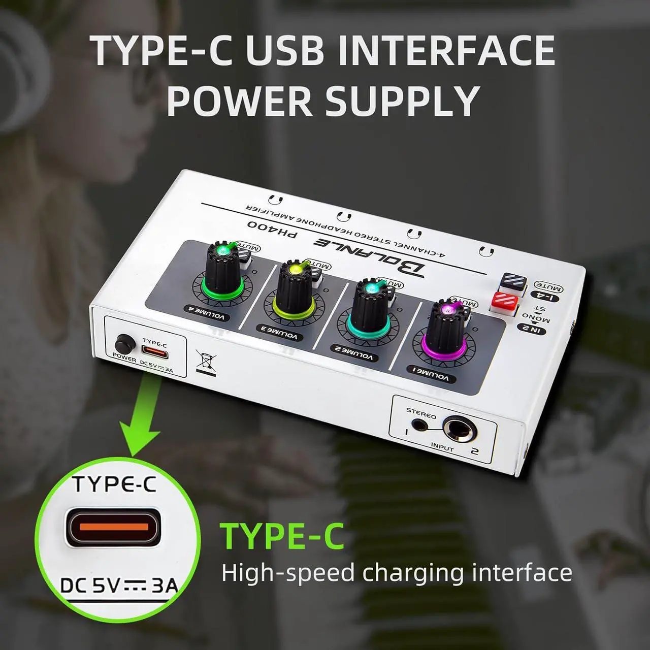 Alt view image 6 of 7 - PH400 4-Channel Headphone Amplifier 3.5mm&6.35mm Jacks, Headphone Splitter with 8 Headphone Output Port, Compact Headphone Amp with Mono and Stereo Switch, 7 Color Breathing Light.