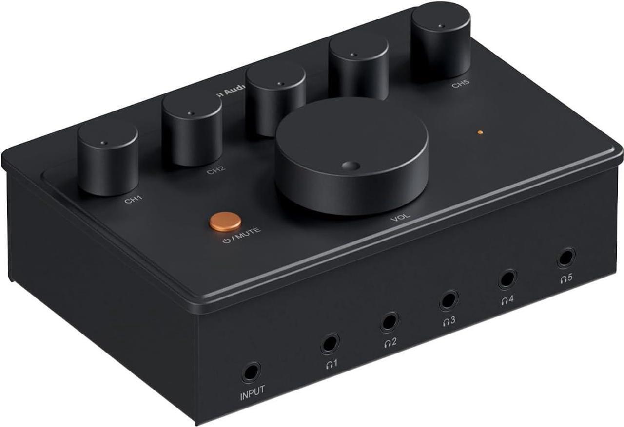 Main image of Audio PH05 5-Channel Headphone Splitter Amplifier, Mini Headphones Amp for Music Studio Mixer, Audio Sharing, Podcast Monitor, Supports 16-300 Ohm High Impedance IEM with 12V Power Adapter