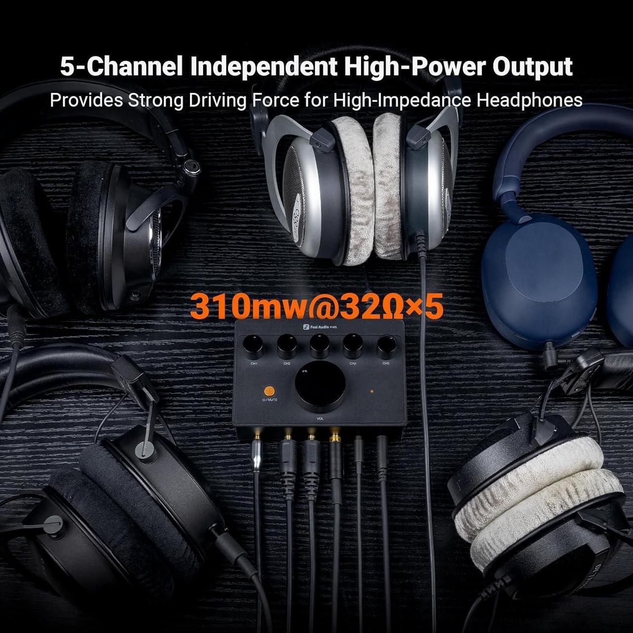 Alt view image 3 of 6 - Audio PH05 5-Channel Headphone Splitter Amplifier, Mini Headphones Amp for Music Studio Mixer, Audio Sharing, Podcast Monitor, Supports 16-300 Ohm High Impedance IEM with 12V Power Adapter