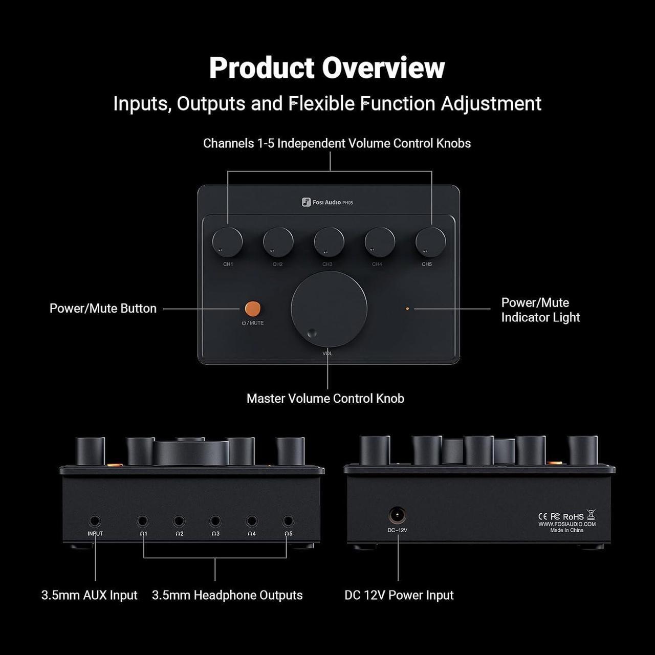 Alt view image 5 of 6 - Audio PH05 5-Channel Headphone Splitter Amplifier, Mini Headphones Amp for Music Studio Mixer, Audio Sharing, Podcast Monitor, Supports 16-300 Ohm High Impedance IEM with 12V Power Adapter