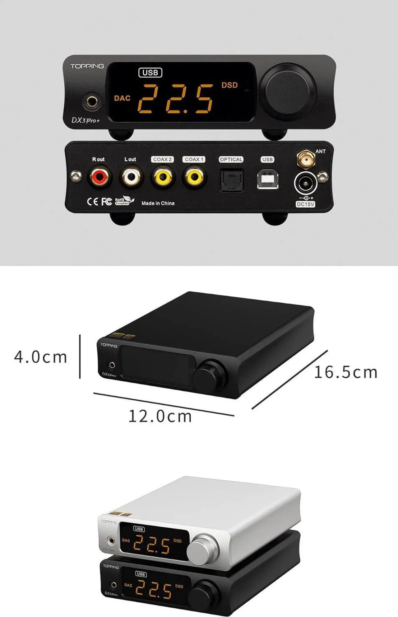 Alt view image 2 of 7 - DX3pro+ LDAC Headphone Amplifier - ES9038Q2M XU208 NFCA Bluetooth5.0 Audio Decoder USB/Opt/Coax DAC AMP Pre Amplifier with Remote Control (Sliver)