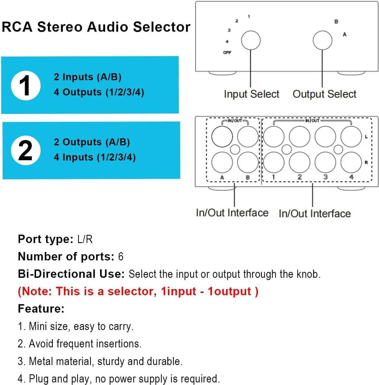 Alt view image 4 of 7 - 6-Channel RCA Audio Switcher 6 Input-1Output Audio Selector Passive Stereo Selector Box Compatible Home Theater, HDTV, Amplifiers, Hi-Fi Systems, Speakers etc.